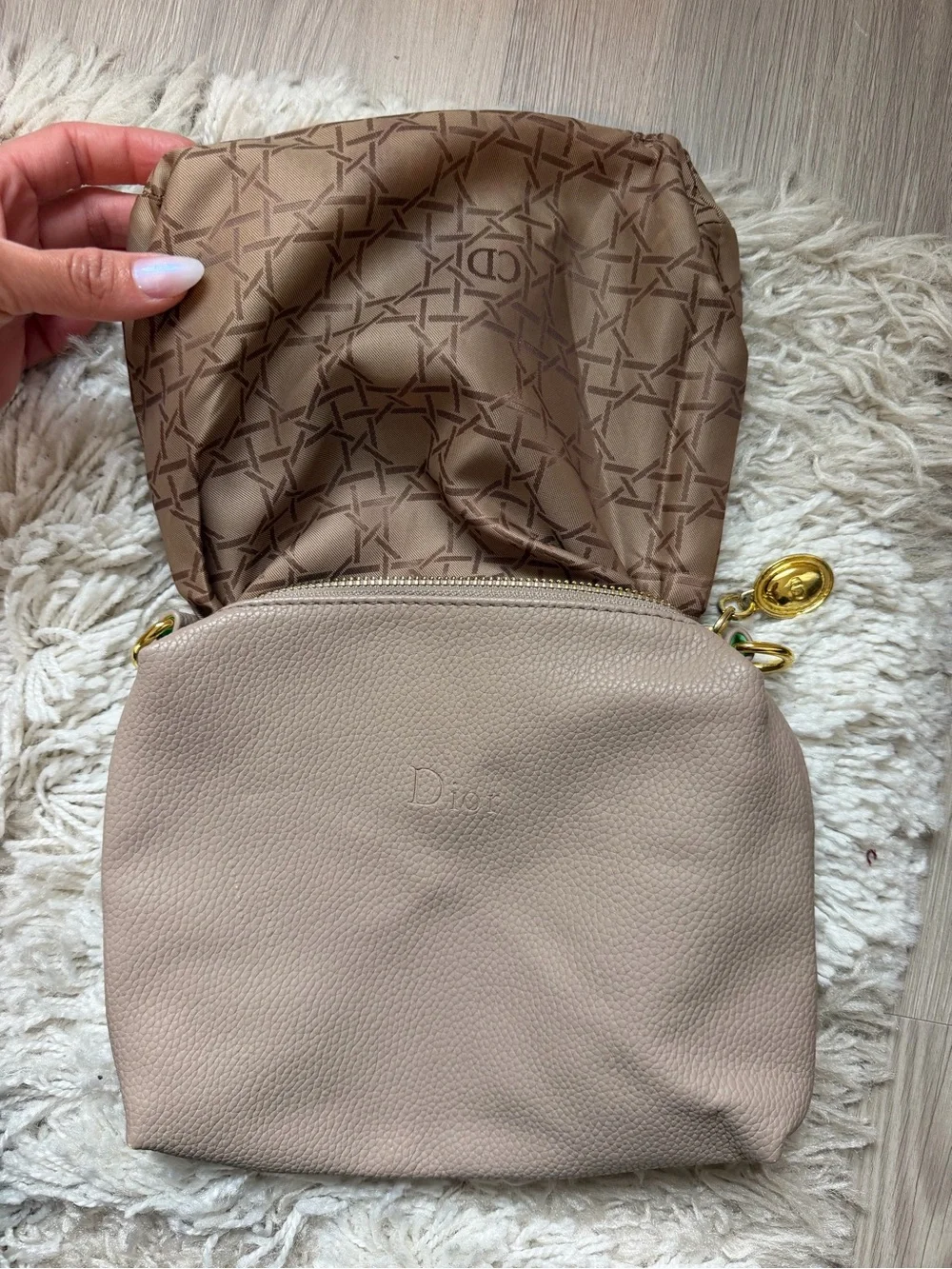 Dior Beige Taupe Pebbled Leather Cosmetic Pouch with Gold Hardware